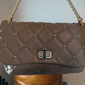Badgley Mischka Quilted Shoulder Bag in Taupe with Gold Accents